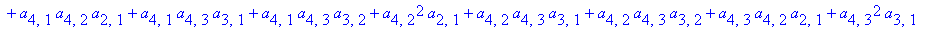 z3 := -2*a[4,3]*a[3,2]*a[3,1]-a[4,3]*a[3,2]^2+4*a[4,3]*a[3,2]*a[2,1]*a[3,1]+4*a[4,3]*a[3,2]^2*a[2,1]-a[3,1]*a[4,2]*a[2,1]-a[4,2]*a[2,1]*a[3,2]-a[4,3]*a[3,1]^2+a[4,1]*a[4,2]*a[2,1]+a[4,1]*a[4,3]*a[3,1]+...